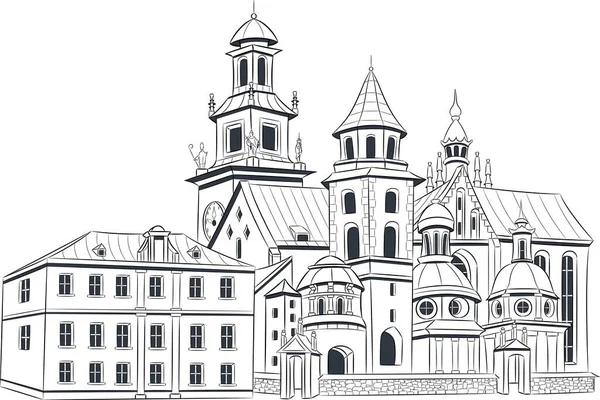 Towers Facades Medieval Buildings Historical Center Krakow Vector Illustration — Vetor de Stock