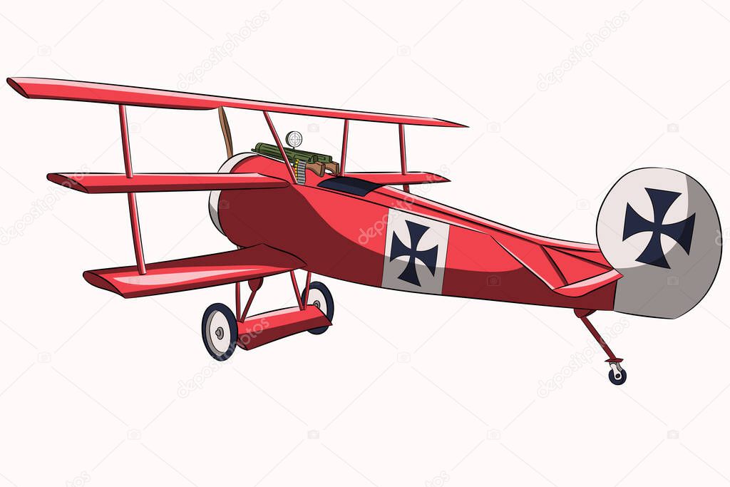 Old red triplane airplane with black crosses. Vector illustration.