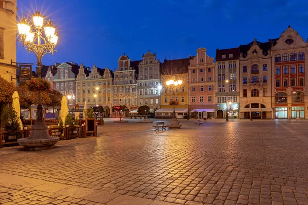 Scenic View Market Square Early Morning Night Illumination Wroclaw Poland — Zdjęcie stockowe
