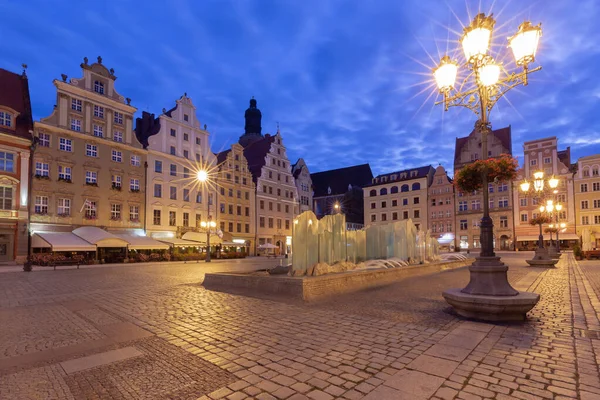 Scenic view of the market square in the early morning in night illumination. Wroclaw. Poland.