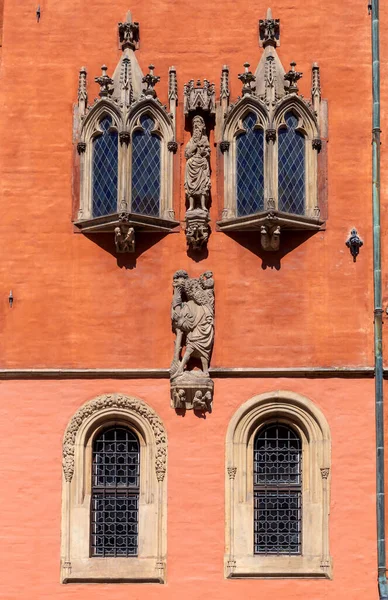 Beautifully decorated facade of the old medieval town hall. Wroclaw. Poland.