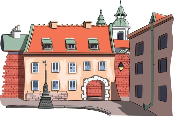 Beautiful Traditional Polish Houses Fortress Wall Old Street Warsaw Poland —  Vetores de Stock