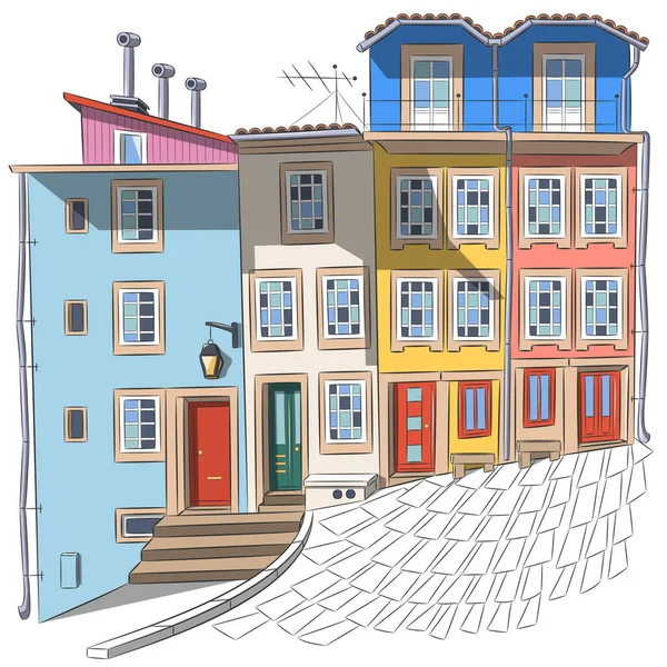 Bright Multicolored Facades Old Traditional Houses Porto Portugal Vector Illustration — Stockvector