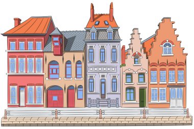 Vektör çizimi. Bruges şehrindeki geleneksel taş evlerin renkli cephelerinin görüntüsü. Belçika.