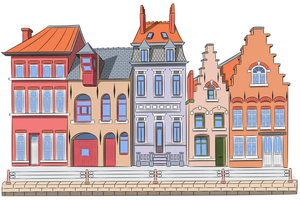 矢量图解 布鲁日市古老的传统石屋的彩色立面尽收眼底 比利时 — 图库矢量图片