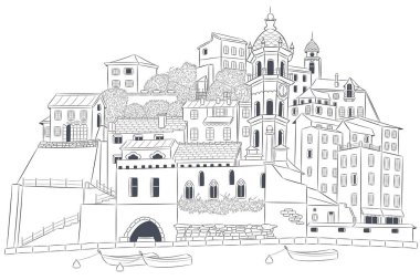 Deniz kıyısındaki eski İtalyan köyü Vernazza manzarası. Vektör illüstrasyonu.