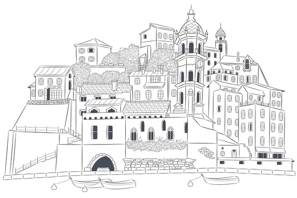 Vue Vieux Village Italien Vernazza Sur Bord Mer Illustration Vectorielle — Image vectorielle