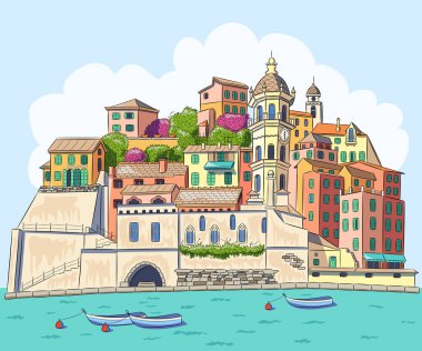 Deniz kenarındaki eski İtalyan köyü Vernazza 'nın tekneli manzarası. Vektör illüstrasyonu.