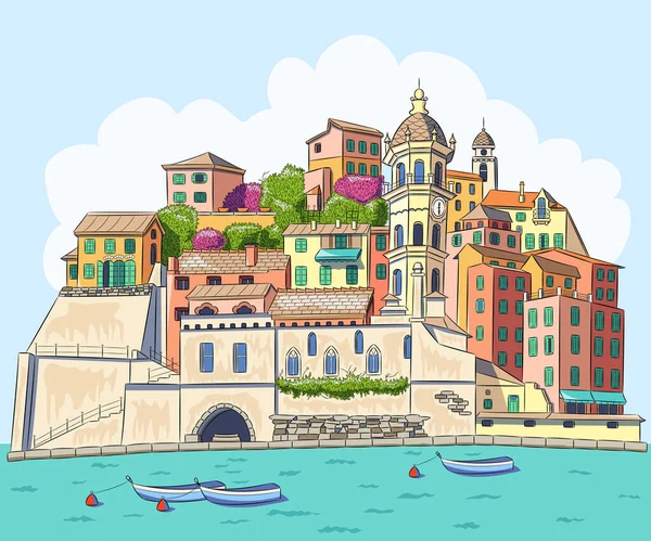 意大利老村庄Vernazza在海滨的风景 船上有船 矢量说明 — 图库矢量图片