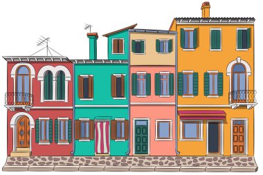 Burano adasındaki geleneksel küçük evlerin renkli, parlak yüzleri. Venedik. İtalya.