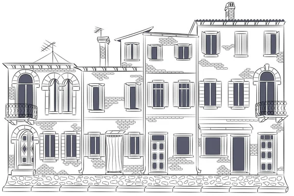 布拉诺岛上传统房屋正面的黑白画 威尼斯 意大利 — 图库矢量图片