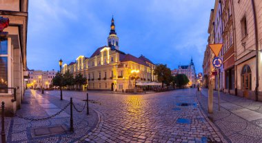 Panorama of the old medieval market square and the facades of traditional colorful houses at dawn. Swidnica. Poland.