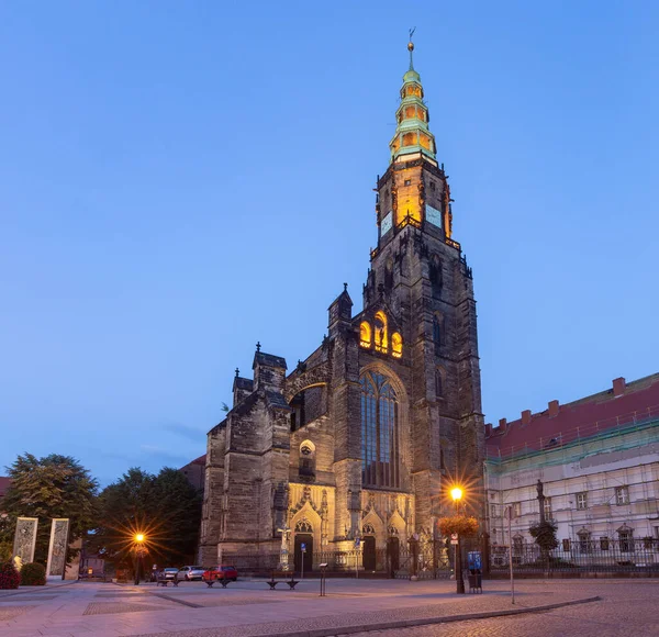 Eski Ortaçağ Pazar Meydanı Şafak Vakti Katedral Manzarası Swidnica Polonya — Stok fotoğraf