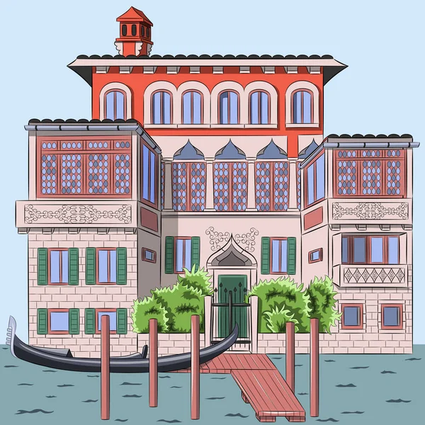 Gondola Tradisional Dekat Dermaga Venesia Italia Ilustrasi Vektor - Stok Vektor