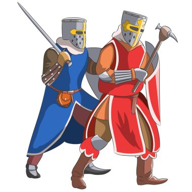 Ortaçağ zırhlı, kalkanları ve silahları olan iki şövalye. Vektör illüstrasyonu.