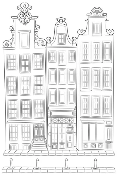 海滨传统房屋的黑白画 阿姆斯特丹 矢量说明 — 图库矢量图片