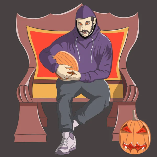 Joven Vampiro Con Colmillos Sienta Trono Entre Calabazas Halloween Ilustración — Vector de stock