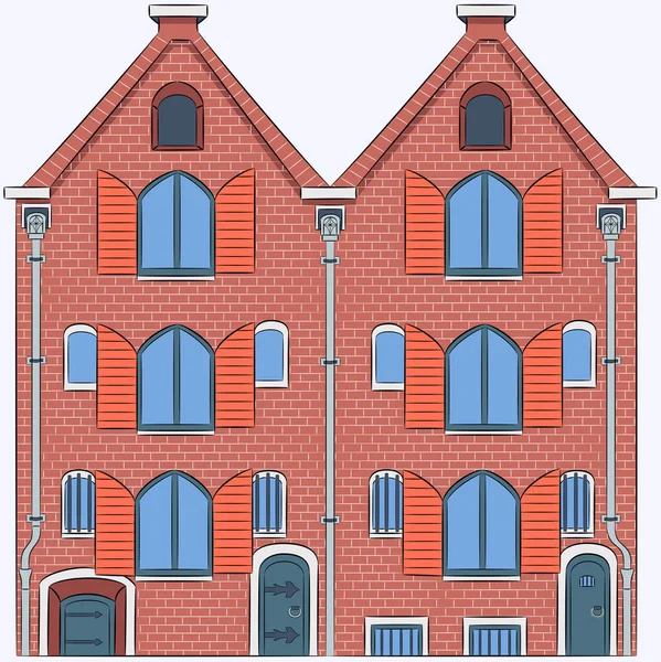 Façades Vieilles Maisons Traditionnelles Briques Rouges Avec Volets Sur Les — Image vectorielle