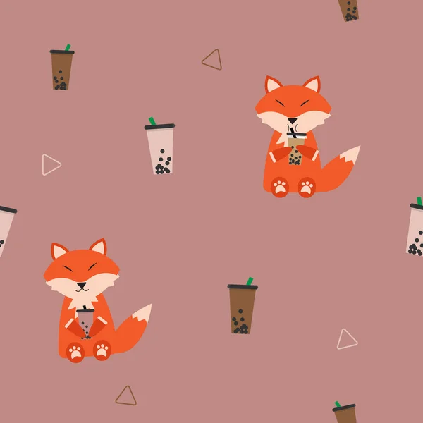 Cute Fox Bubble Picia Herbaty Bezszwowy Wzór Druku Lub Tkaniny — Wektor stockowy
