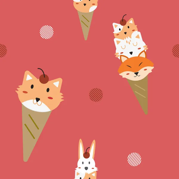 Кошка Лиса Ткани Мороженого Бесшовный Милый Узор Красном Фоне — стоковый вектор