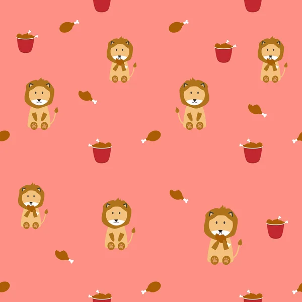 Lion Mignon Mangeant Poulet Délicieux Fond Rose Motif Sans Couture — Image vectorielle