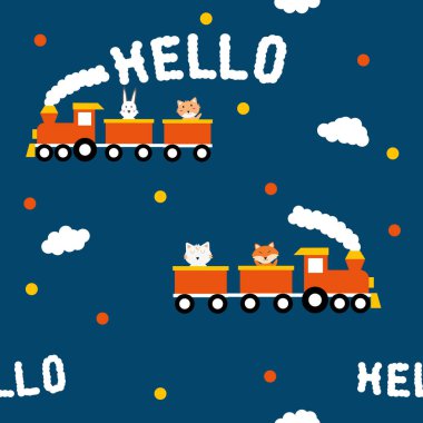 Mavi arka planda hayvanlı şirin tren baskı veya kumaş için pürüzsüz desen