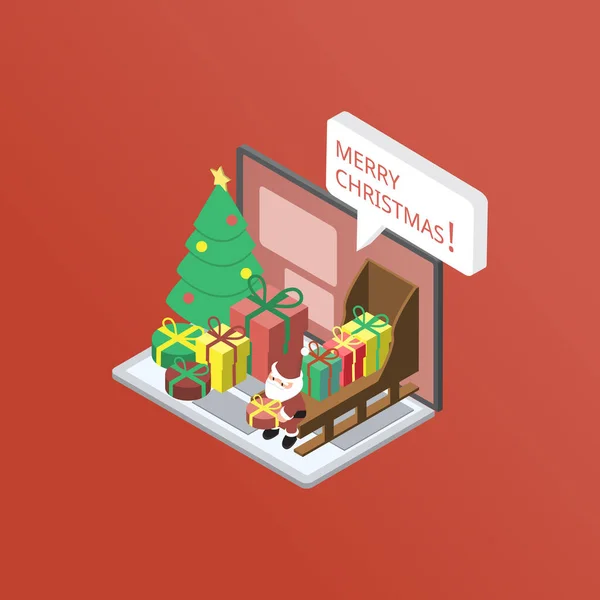 笔记本电脑上的圣诞快乐横幅 许多礼品盒都有等号红色背景 — 图库矢量图片