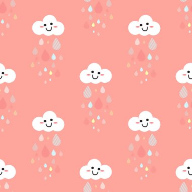 Pastel şirin bulut ve puantiyeli yağmur damlası kumaş deseni için pürüzsüz arkaplan