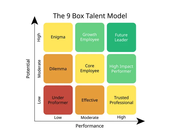 9つのボックスタレントモデルまたは9つのボックスグリッドは 従業員の業績と可能性を分析 比較するために使用されるツールです — ストックベクタ