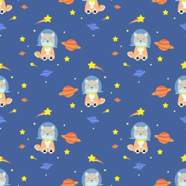 Satürn 'le uzayda şirin Shiba köpeği ve kumaşsız sevimli desenlerin etrafında yıldız.