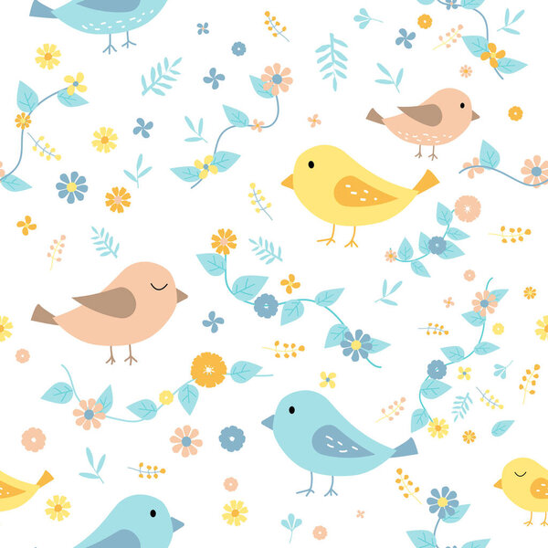 colorful cute bird with leaf and flower seamless for fabric pattern