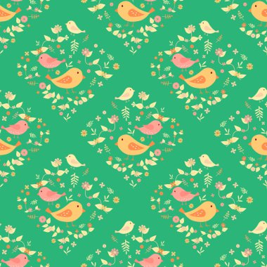 Yaprak ve çiçekli renkli sevimli kuş kumaş desenleri için pürüzsüz