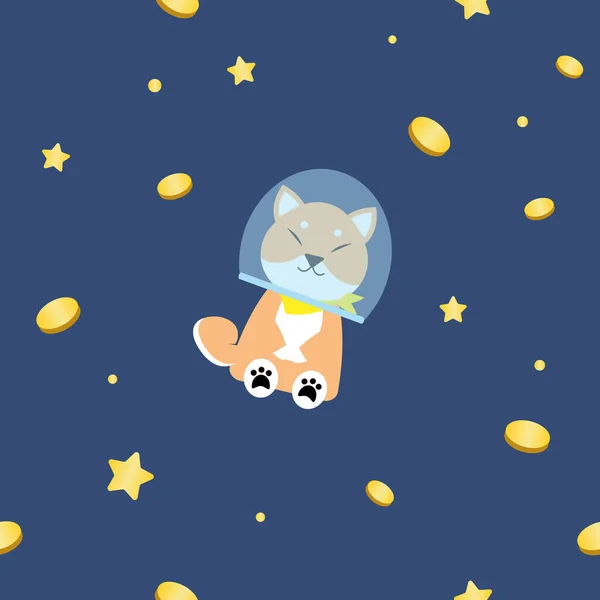cute Chiba Inu dog with gold coin in space seamless pattern for print or fabric