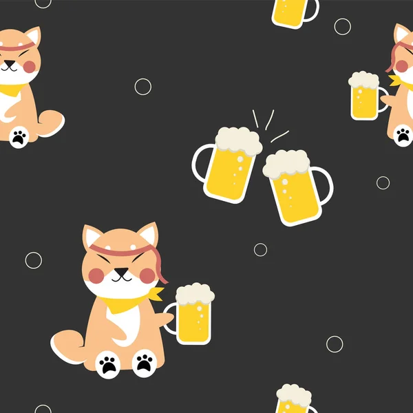 Słodkie Shiba Inu Pies Pije Piwo Bezszwowy Wzór Dla Druku — Wektor stockowy