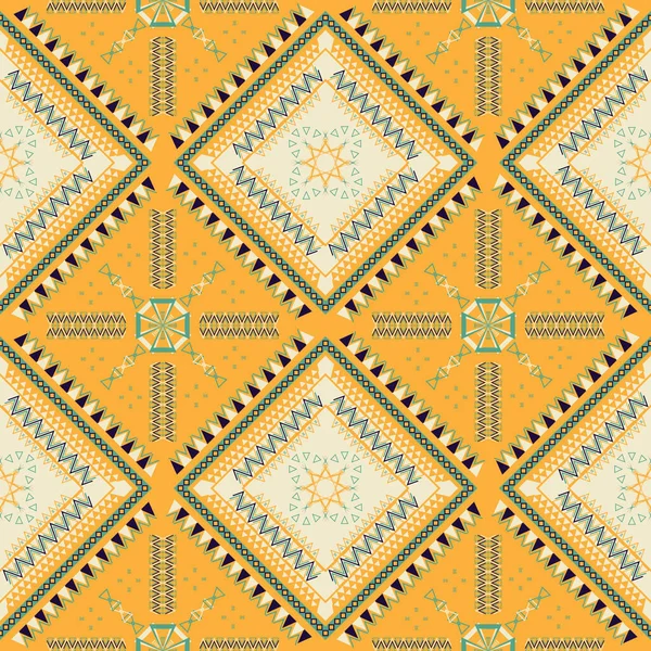 Yellow Green Ethnic Pattern Geometric Seamless Square Fabric Pattern — ストックベクタ