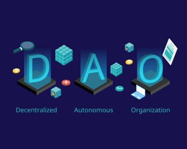 DAO or Decentralized Autonomous Organization with smart contract to control leadership by code and blockchain clipart