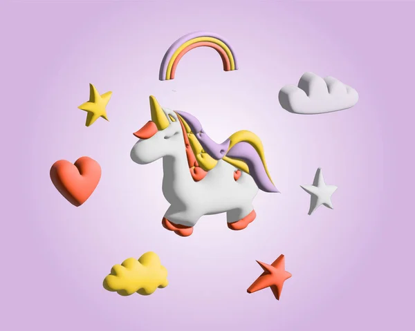 cute 3d unicorn with rainbow and star in pastel color