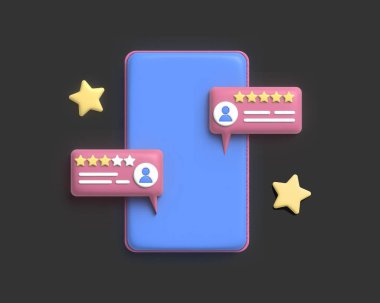 şirin 3d illüstrasyon sosyal medya geribildirimi ve cep telefonuyla müşteriden gelen gözden geçirme