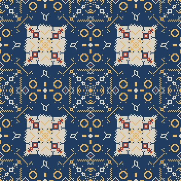 Blue Ethnic Pattern Pixel Geometric Seamless Square Fabric Pattern — ストックベクタ