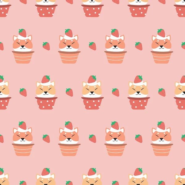 Chien Chiba Mignon Avec Cupcake Motif Sans Couture Fraise — Image vectorielle