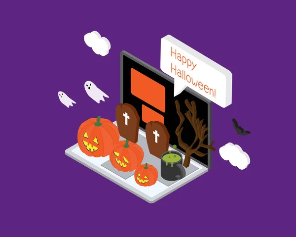 Happy Halloween Day Banner Night Theme Pumpkin Isometric Laptop — Vector de stock