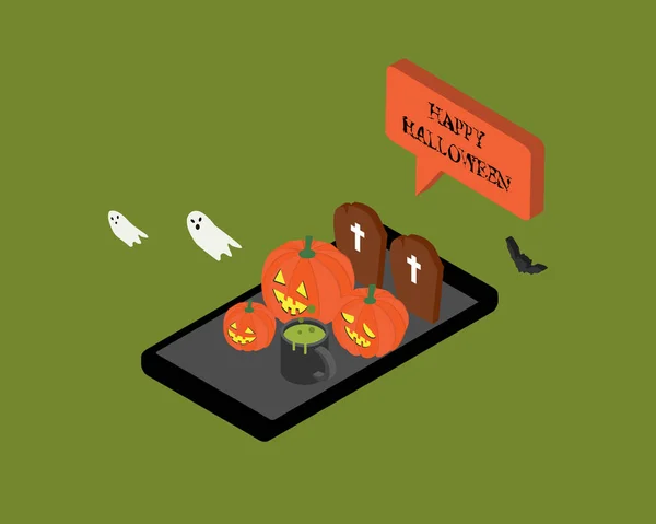 Happy Halloween Day Banner Night Theme Pumpkin Isometric Mobile — Vector de stock