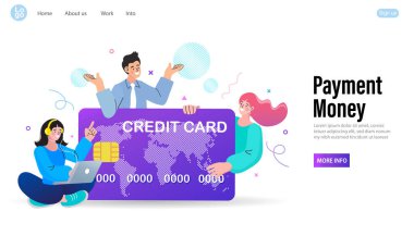 İş adamları çevrimiçi alışveriş parası transferi için kredi kartı kullanıyor. Çevrimiçi Alışveriş veya E-Ticaret. Finansal işlem. Çizgi film Vektör İllüstrasyonu.