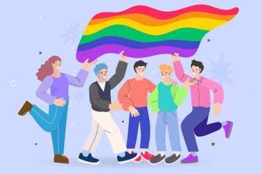 lgbt gurur vektörü illüstrasyonunun ulusal bayraklarında el ele tutuşan bir grup mutlu insan