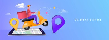 Food delivery boy. Courier bicycle delivery man with parcel box on the back. fast and free shipping concept. online ordering. Ecommerce order notification message. Modern Vector illustration.