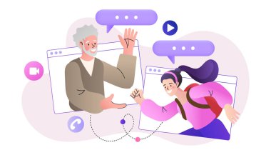 Mutlu aile video konferans uygulaması internet teknolojisiyle bağlanıyor. Vektör illüstrasyonu.