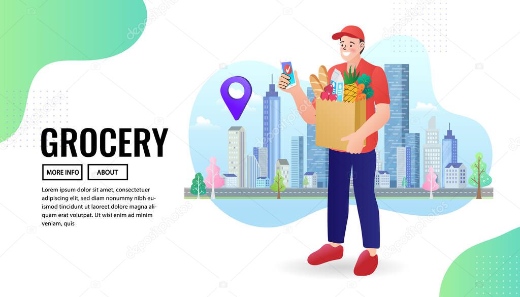 Food delivery boy. Courier bicycle delivery man with parcel box on the back. fast and free shipping concept. online ordering. Ecommerce order notification message. Modern Vector illustration.