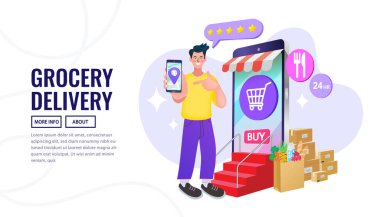 Online alışveriş sayfası illüstrasyonu. Dijital hizmet pazarı. Mobil pazarlama e-pazarlama uygulaması mağazası. Düz tasarım biçimi modern vektör.