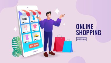 Online alışveriş sayfası illüstrasyonu. Dijital hizmet pazarı. Mobil pazarlama e-pazarlama uygulaması mağazası. Düz tasarım biçimi modern vektör.