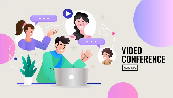 Vector Employee Talk Video Call Laptop Diverse Colleagues Video Conferencing — Stockvector